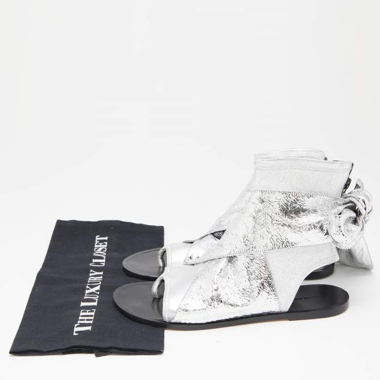 Pre Owned Isabel Marant  Silver Leather Mosley Gladiator Flat Sandals Size 39 