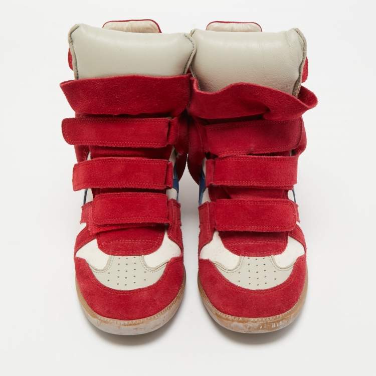 Pre Owned Isabel Marant Red/White Suede and Canvas Bekett Wedge Sneakers Size 39