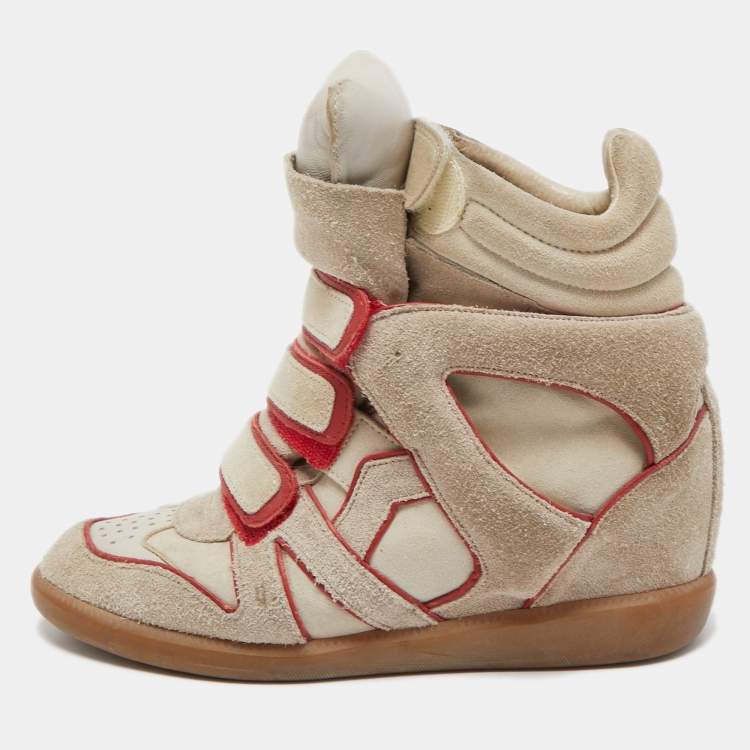 Pre Owned Isabel Marant Grey/Red Suede Bekett Wedge Sneakers Size 38