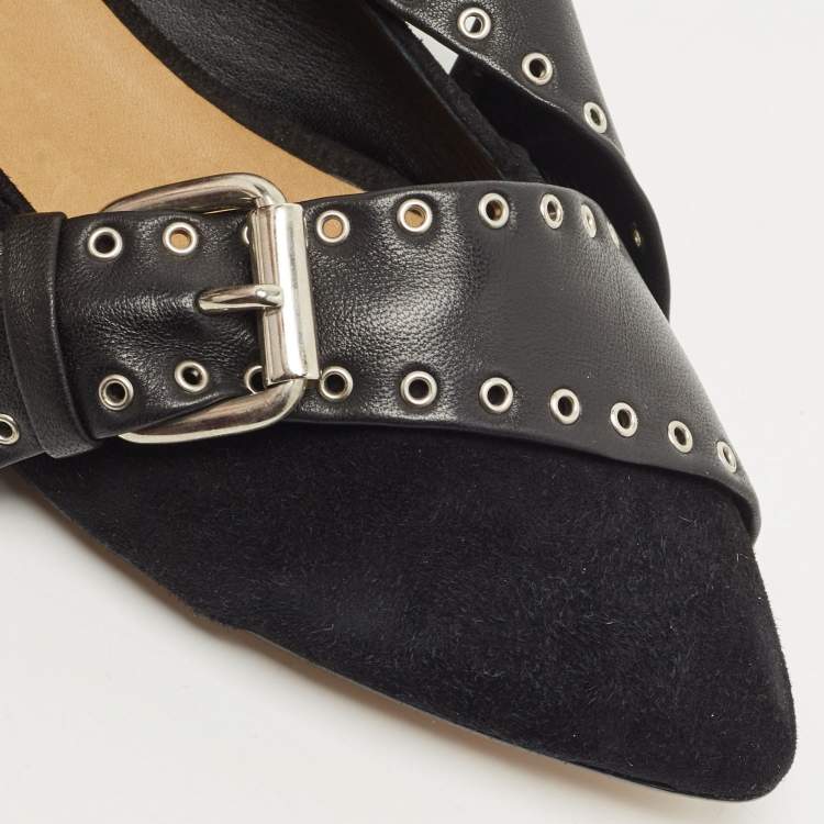 Pre Owned Isabel Marant Black Leather and Velvet Eyelet Ballet Flats Size 38