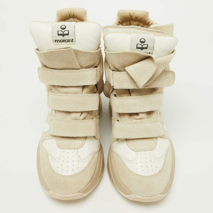 Pre Owned Isabel Marant Beige/Off White Leather and Suede High Top Wedge Sneakers Size 37