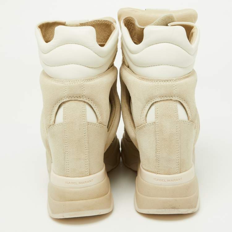 Pre Owned Isabel Marant Beige/Off White Leather and Suede High Top Wedge Sneakers Size 37