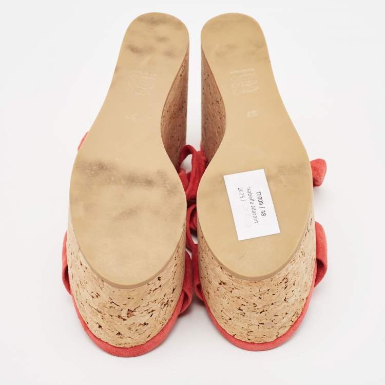Pre Owned Isabel Marant Red Suede Wedge Ankle Strap Sandals Size 37