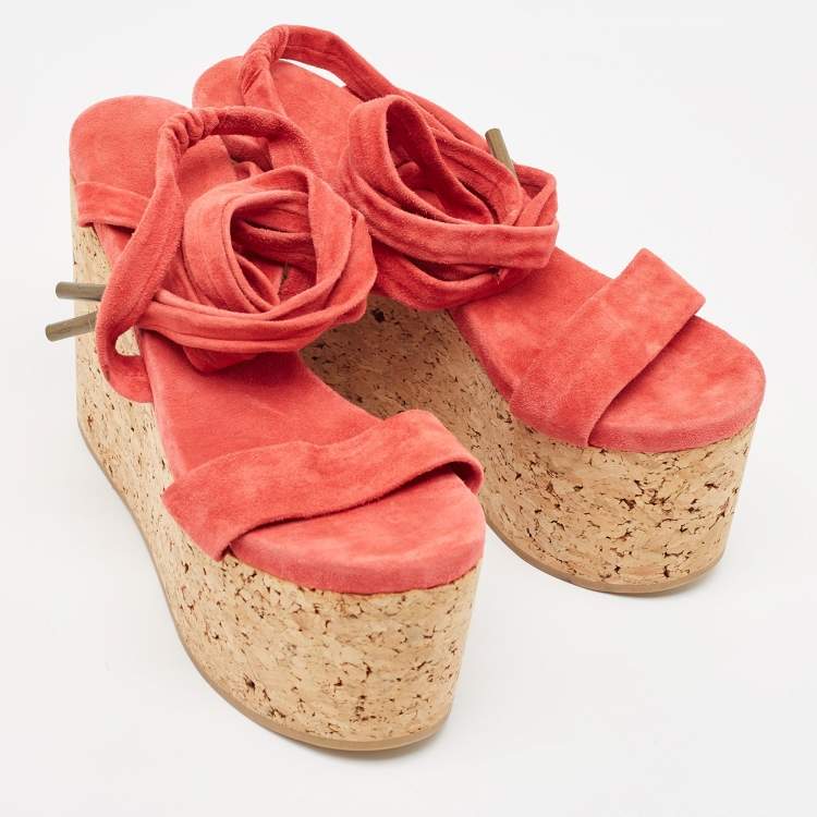 Pre Owned Isabel Marant Red Suede Wedge Ankle Strap Sandals Size 37