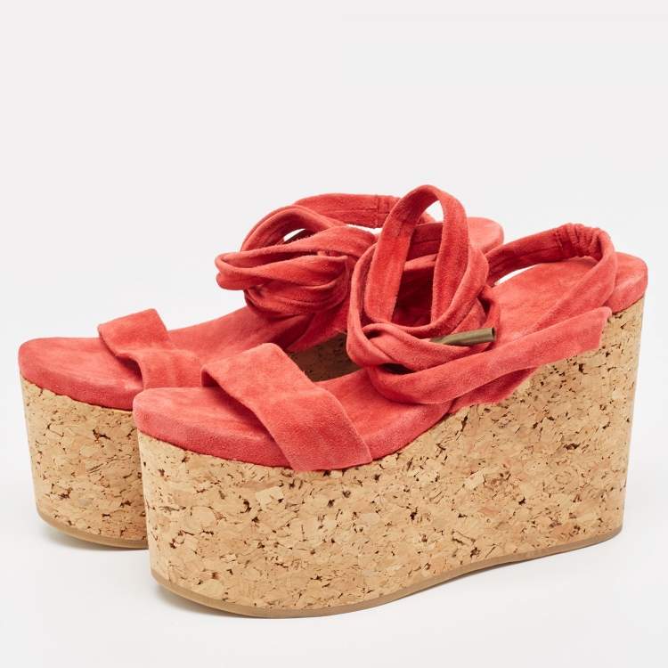 Pre Owned Isabel Marant Red Suede Wedge Ankle Strap Sandals Size 37