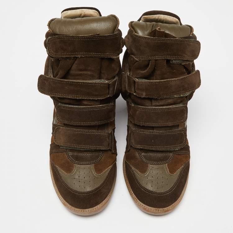 Pre Owned Isabel Marant Green/Brown Suede and Leather Wadge Sneakers Size 41
