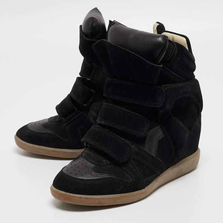 Pre Owned Isabel Marant Black Leather and Suede Wedge Sneakers Size 37