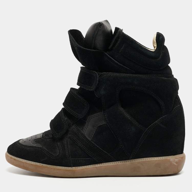Pre Owned Isabel Marant Black Leather and Suede Wedge Sneakers Size 37