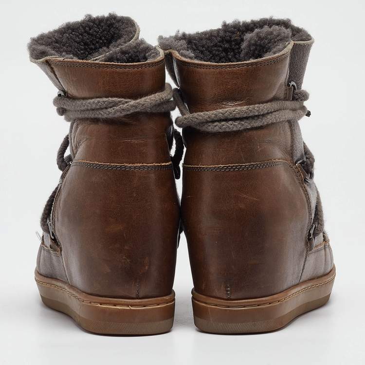 Pre Owned Isabel Marant Brown/Grey Suede Leather Nowels Wedge Ankle Boots Size 38