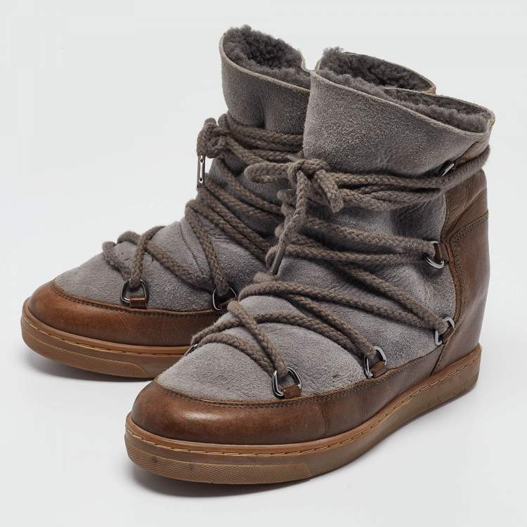 Pre Owned Isabel Marant Brown/Grey Suede Leather Nowels Wedge Ankle Boots Size 38