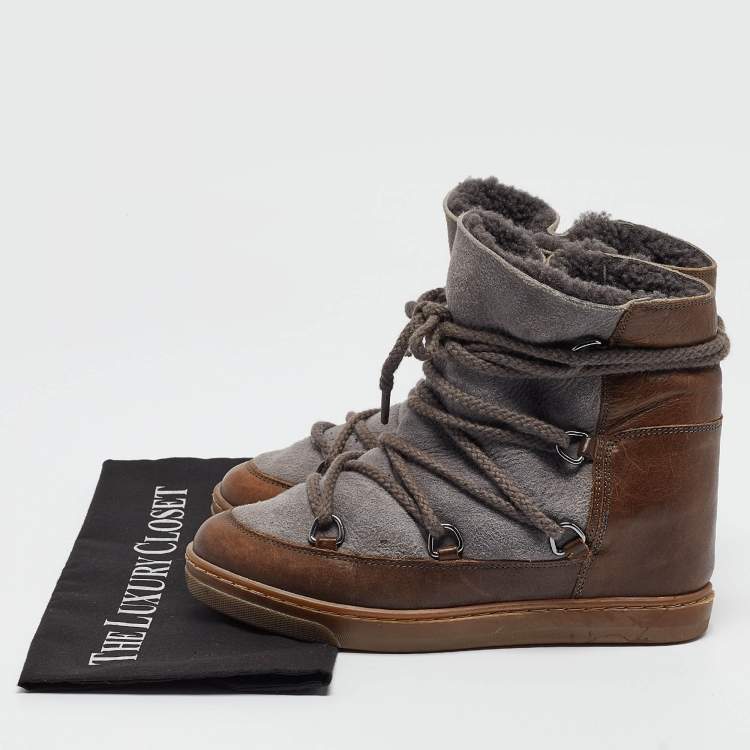 Pre Owned Isabel Marant Brown/Grey Suede Leather Nowels Wedge Ankle Boots Size 38