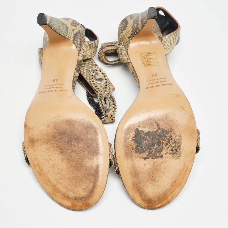 Pre Owned Isabel Marant Green/Beige Snakeskin Embossed Leather Ankle Strap Sandals Size 39