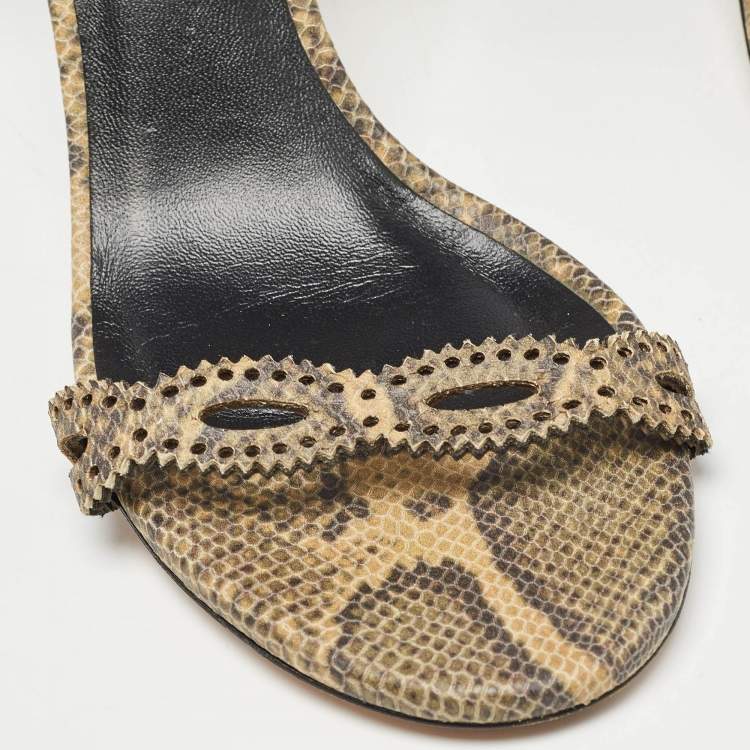 Pre Owned Isabel Marant Green/Beige Snakeskin Embossed Leather Ankle Strap Sandals Size 39