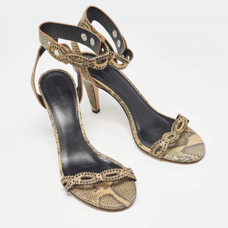 Pre Owned Isabel Marant Green/Beige Snakeskin Embossed Leather Ankle Strap Sandals Size 39