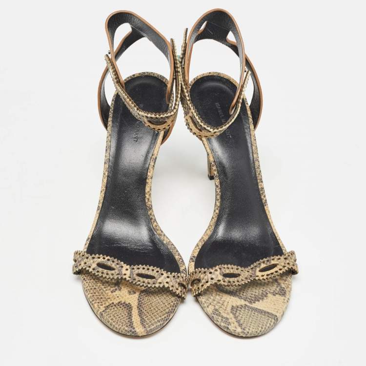 Pre Owned Isabel Marant Green/Beige Snakeskin Embossed Leather Ankle Strap Sandals Size 39