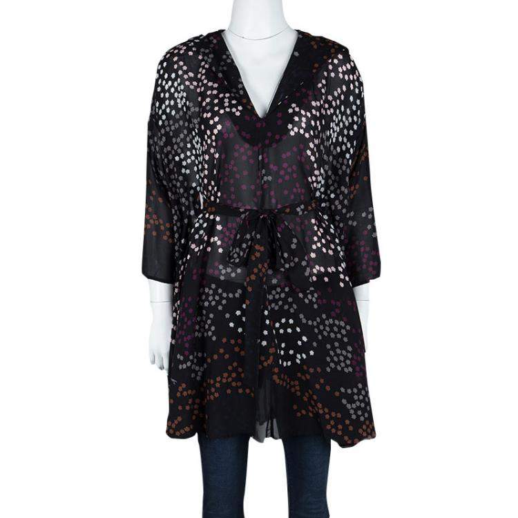 Pre Owned Issa Black Leaf Printed Silk Oversized Belted Hooded Tunic M