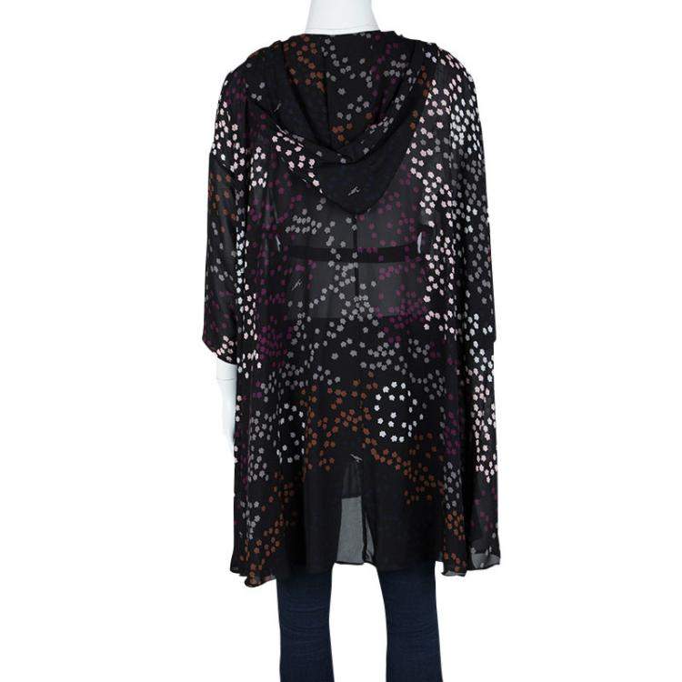 Pre Owned Issa Black Leaf Printed Silk Oversized Belted Hooded Tunic M