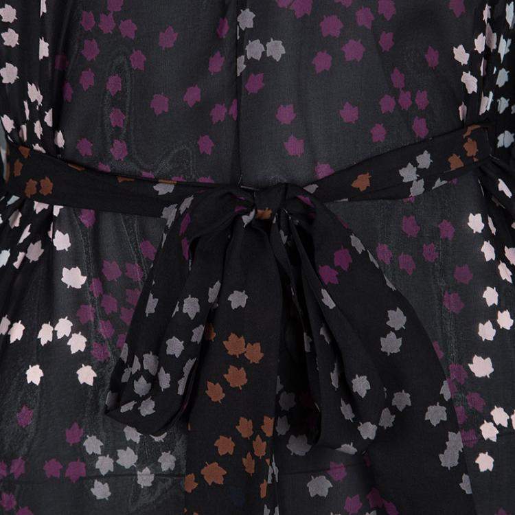 Pre Owned Issa Black Leaf Printed Silk Oversized Belted Hooded Tunic M