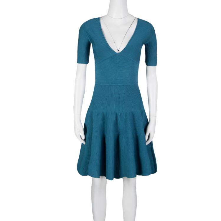 Pre Owned Issa Teal Blue Rib Knit V-Neck Flared Bottom Dress M