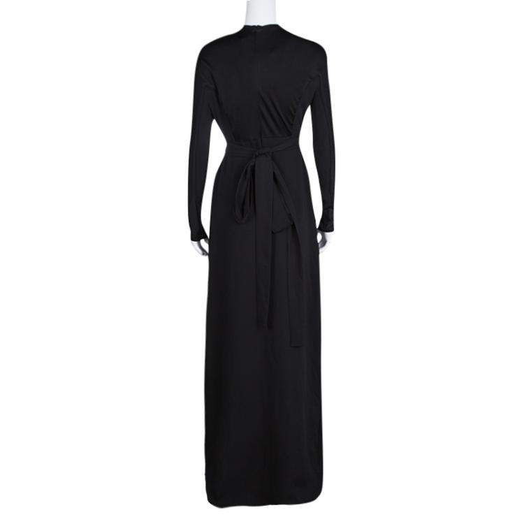 Pre Owned Issa Black Contrast Plisse Panel Detail Vanka Heavy Double Georgette Maxi Dress M