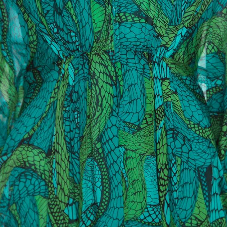 Pre Owned Issa Green Printed Silk Zip Front Ruched Maxi Dress S