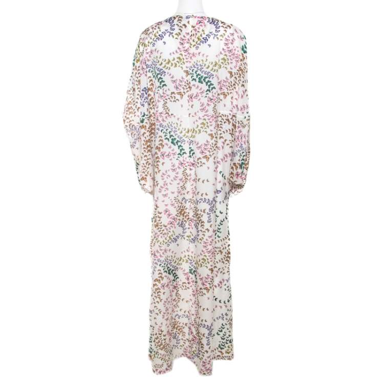 Pre Owned Issa White Butterfly Printed Dolman Sleeve Kaftan Maxi Dress M