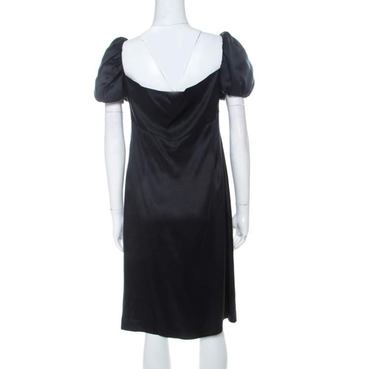 مملوكة مسبقًا Issa Black Silk Puff Sleeve Front Bow Detail Short Dress L