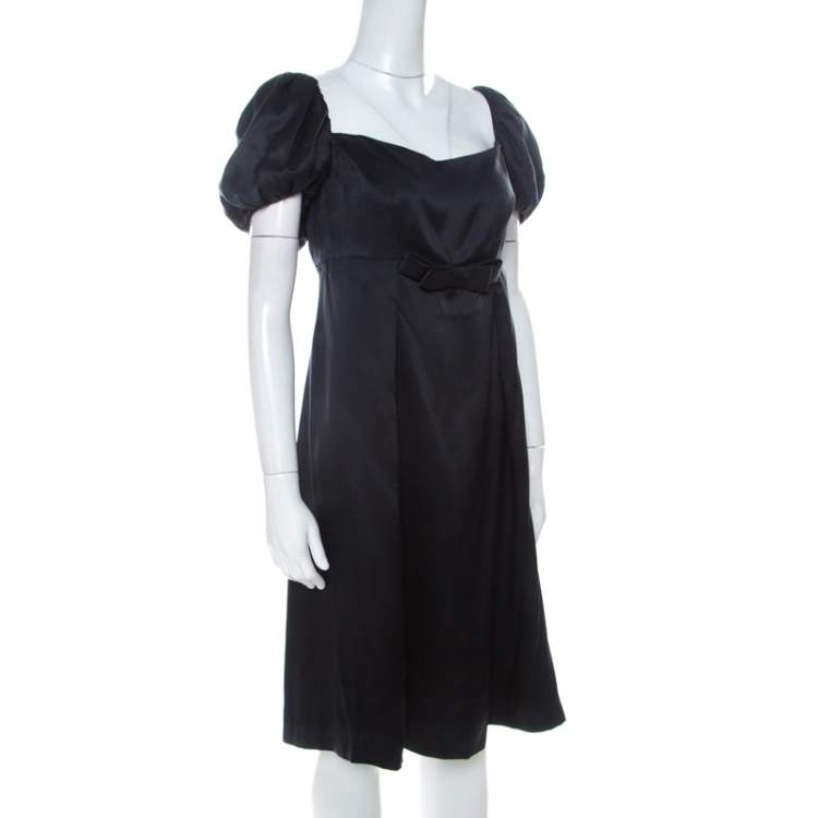 مملوكة مسبقًا Issa Black Silk Puff Sleeve Front Bow Detail Short Dress L