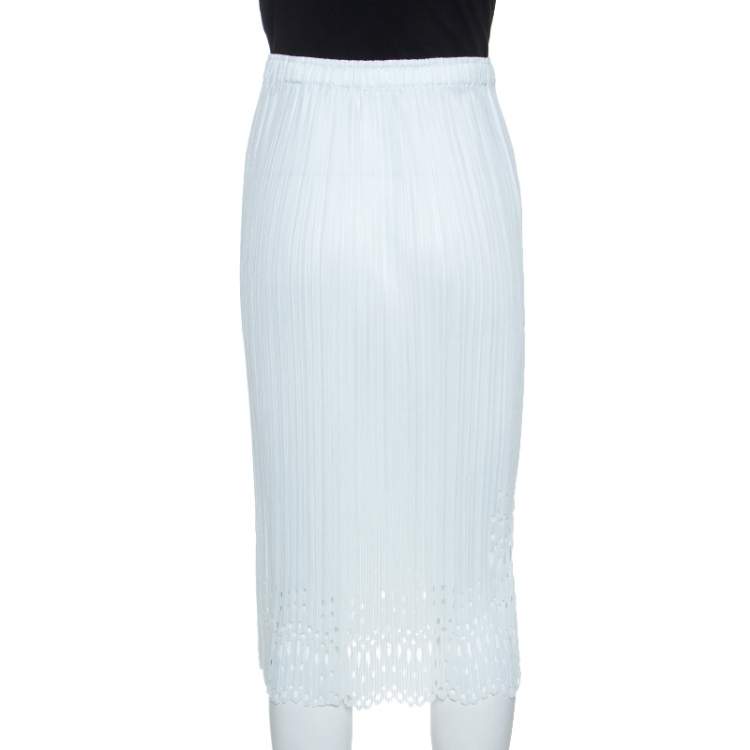 Pre Owned Pleats Please by Issey Miyake Pale Blue Laser Cut Crepe Midi Skirt S
