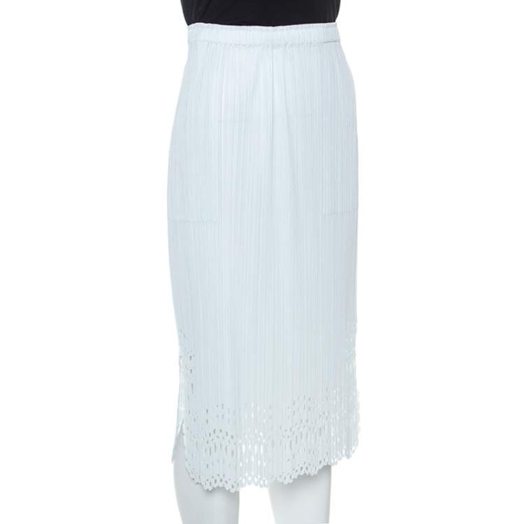 Pre Owned Pleats Please by Issey Miyake Pale Blue Laser Cut Crepe Midi Skirt S
