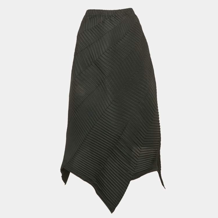 Pre Owned Issey Miyake Black Synthetic Plissé Asymmetric Maxi Skirt M
