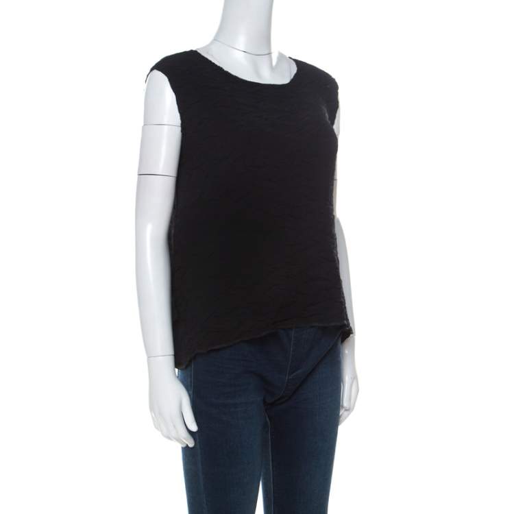 Pre Owned Issey Miyake Black Geometric Plisse Sleeveless Asymmetric Top S