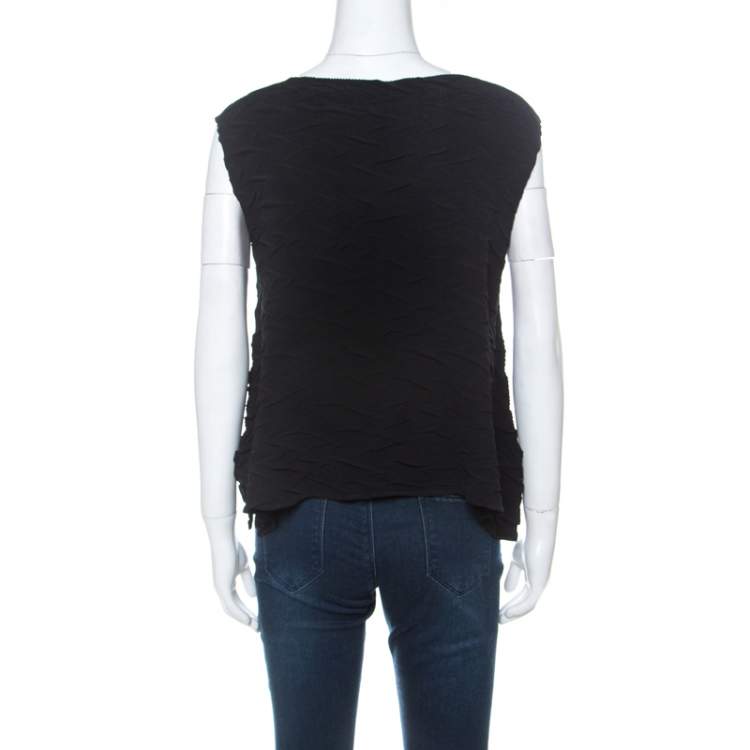Pre Owned Issey Miyake Black Geometric Plisse Sleeveless Asymmetric Top S