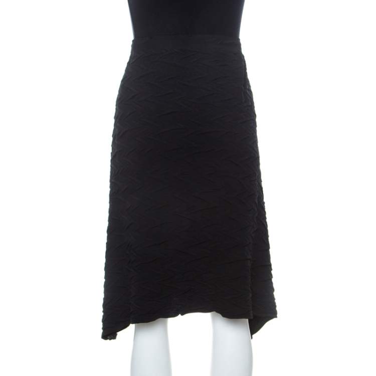 Pre Owned Issey Miyake Black Geometric Plisse Asymmetrical Skirt S