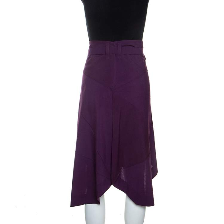 Pre Owned Issey Miyake Purple Wool Blend Geometric Patterned Asymmetric Skirt XS