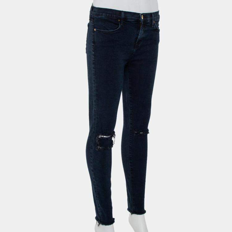 Pre Owned J Brand Navy Blue Denim Cropped Skinny Distressed Blue Mercy Jeans M