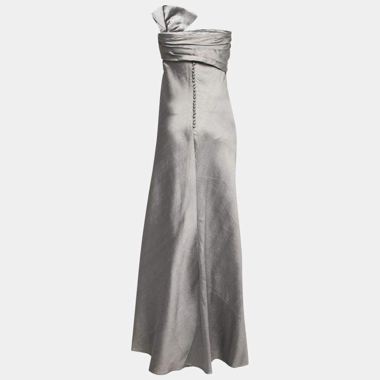 Pre Owned J Mendel Grey Silk Blend Strapless Front Bow Detail Gown L 