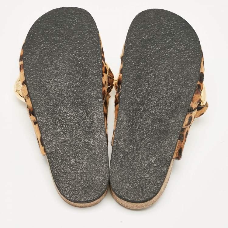 Pre Owned J.W.Anderson Brown Calf Hair Leopard Print Chain Detail Flat Mules Size 38