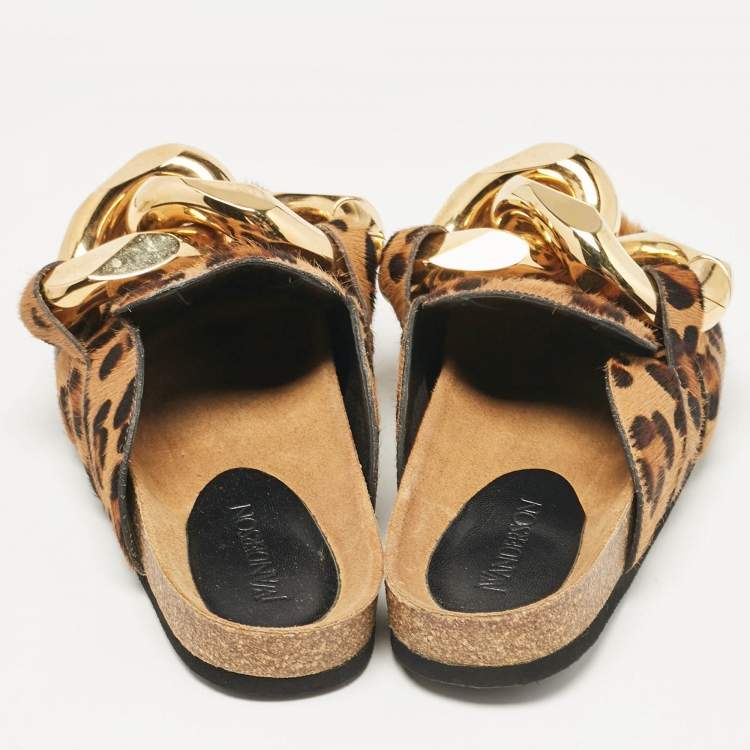 Pre Owned J.W.Anderson Brown Calf Hair Leopard Print Chain Detail Flat Mules Size 38