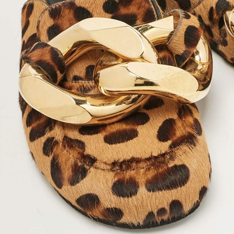 Pre Owned J.W.Anderson Brown Calf Hair Leopard Print Chain Detail Flat Mules Size 38