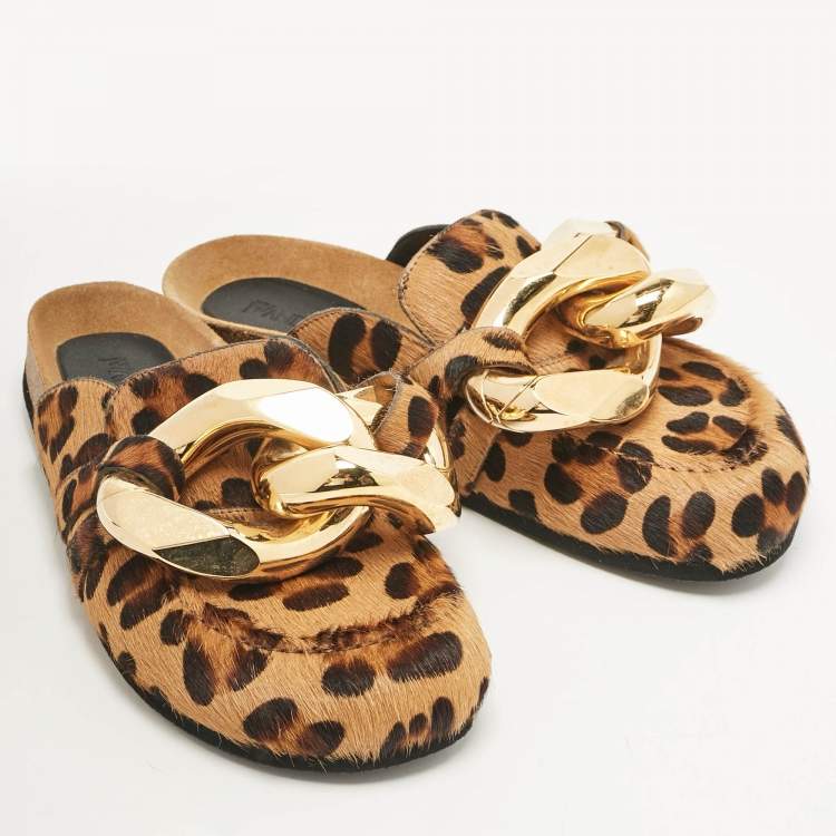 Pre Owned J.W.Anderson Brown Calf Hair Leopard Print Chain Detail Flat Mules Size 38
