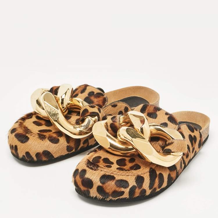 Pre Owned J.W.Anderson Brown Calf Hair Leopard Print Chain Detail Flat Mules Size 38