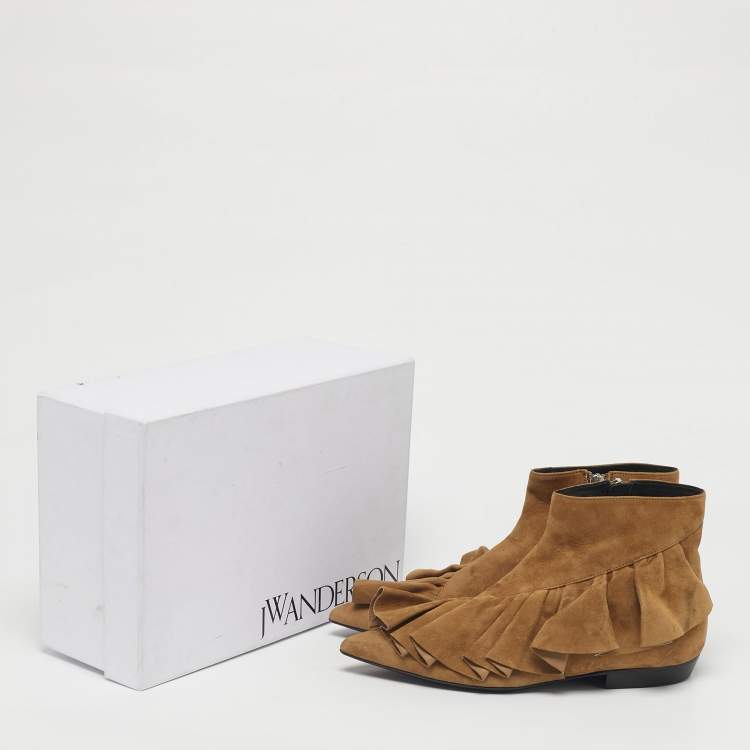 Pre Owned J.W. Anderson Brown Suede Ruffle Ankle Boots Size 36