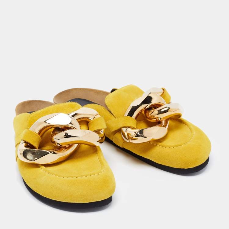 Pre Owned J.W.Anderson Yellow Suede Chain Link Accents Flat Slides Size 40