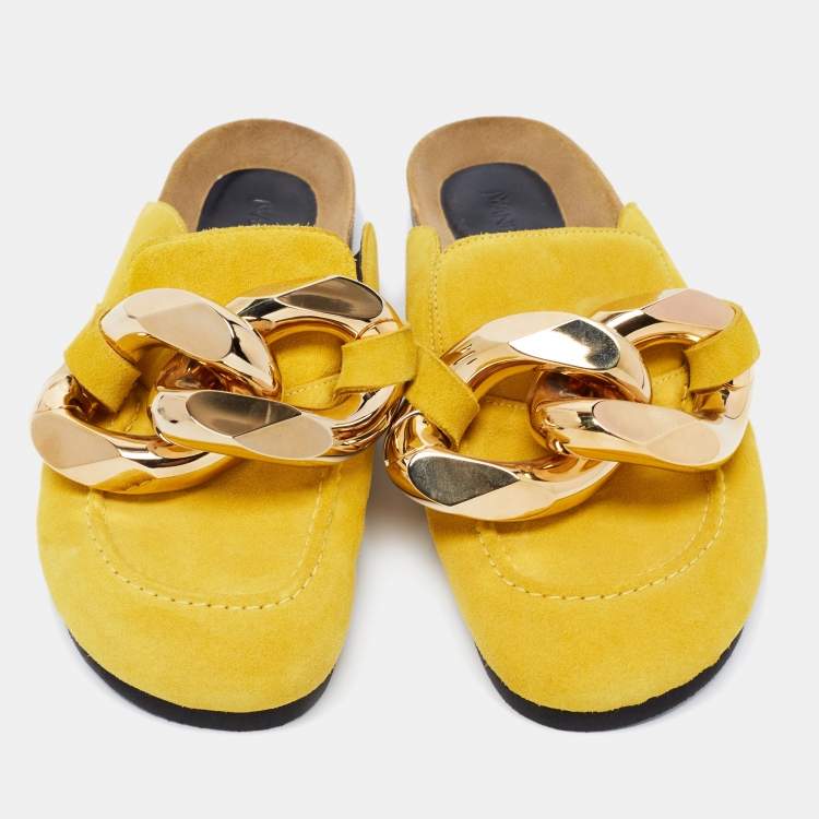 Pre Owned J.W.Anderson Yellow Suede Chain Link Accents Flat Slides Size 40