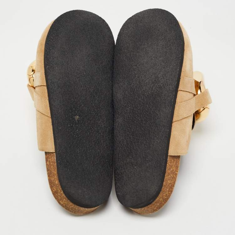 Pre Owned J.W.Anderson Brown Suede Chain Link Accents Flat Slide Sandals Size 38
