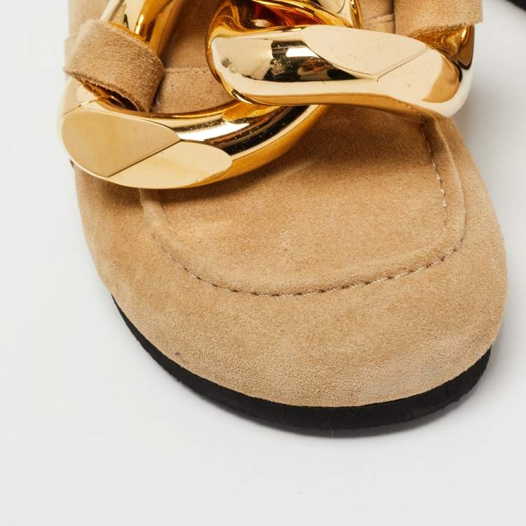 Pre Owned J.W.Anderson Brown Suede Chain Link Accents Flat Slide Sandals Size 38