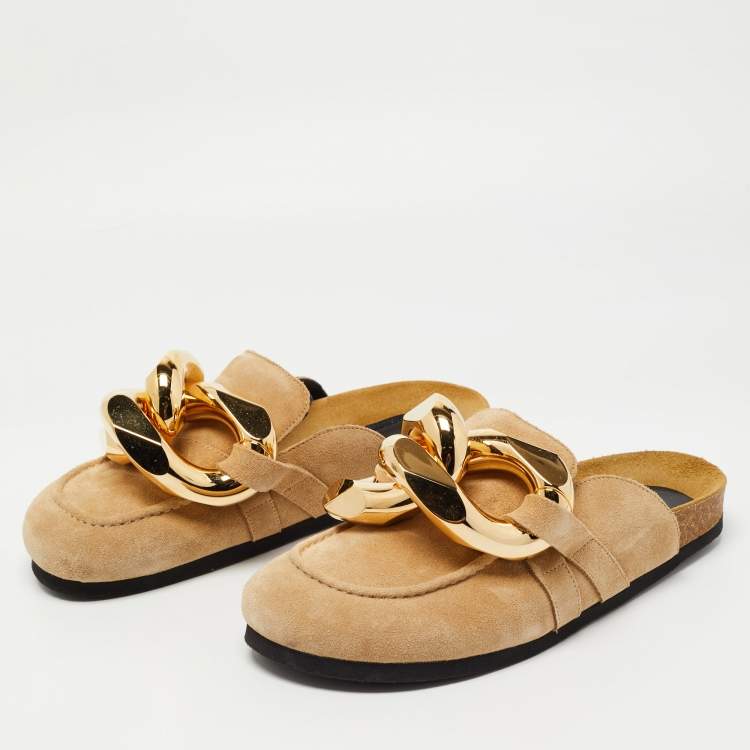 Pre Owned J.W.Anderson Brown Suede Chain Link Accents Flat Slide Sandals Size 38