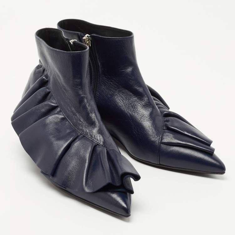 Pre Owned J.W.Anderson Navy Blue Leather Ruffle Ankle Boots Size 36