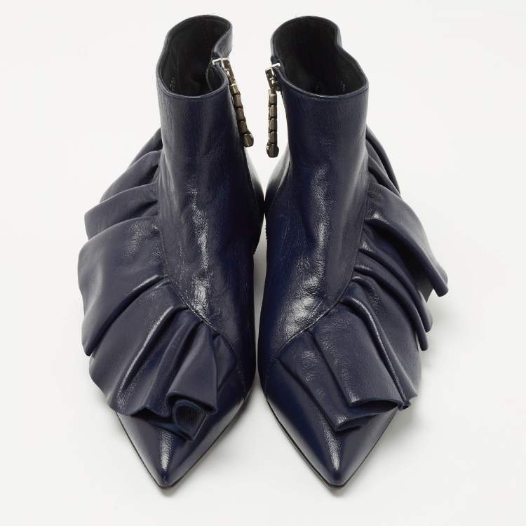 Pre Owned J.W.Anderson Navy Blue Leather Ruffle Ankle Boots Size 36